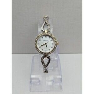 Bulova Womens Crystal Two Tone Bracelet Watch White MOP Dial New Battery Quartz